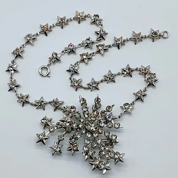 Vintage Silver Tone Rhinestone Statement Necklace - Picture 1 of 11
